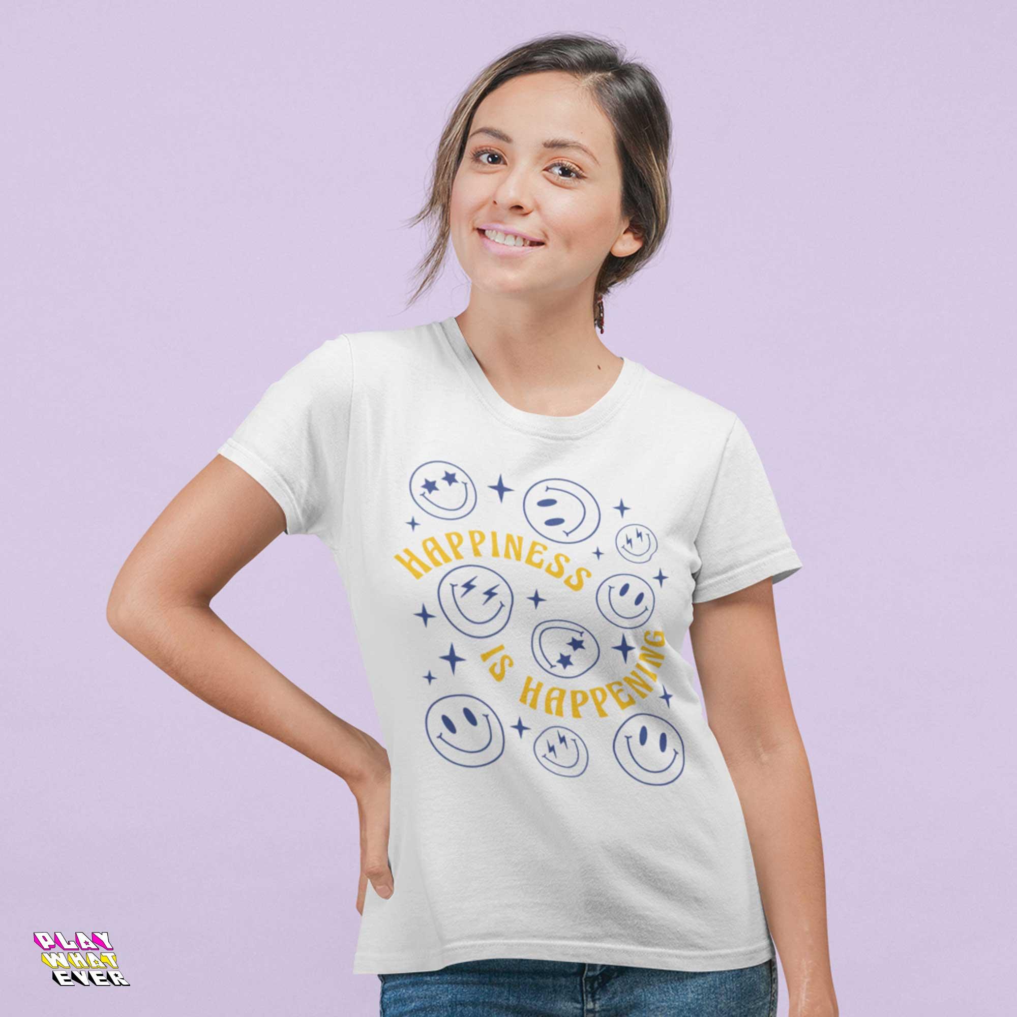 Happiness is Happening Positive Vibe Smiley Shirt - Image 3