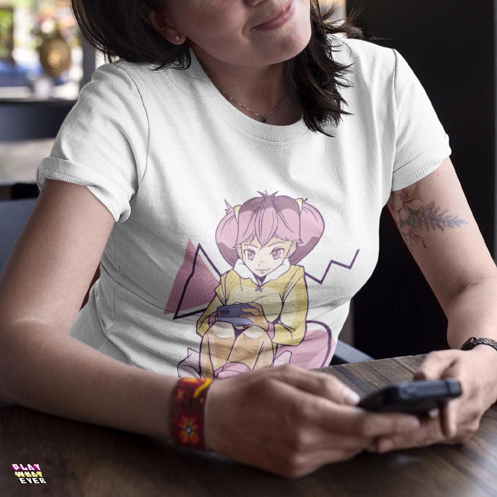 Pink Anime Girl Mobile Gaming Gamer T-Shirt - Image 2